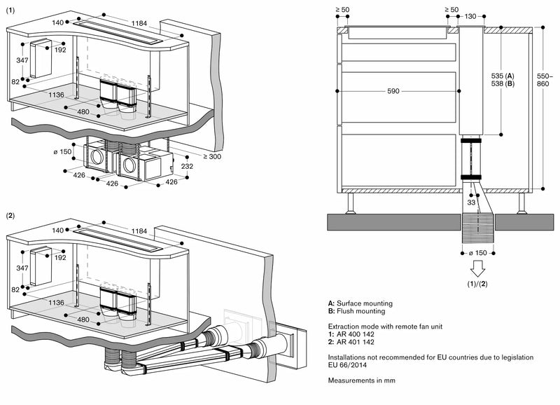 Gaggenau 400 series Table ventilation 120cm Stainless steel AL400122