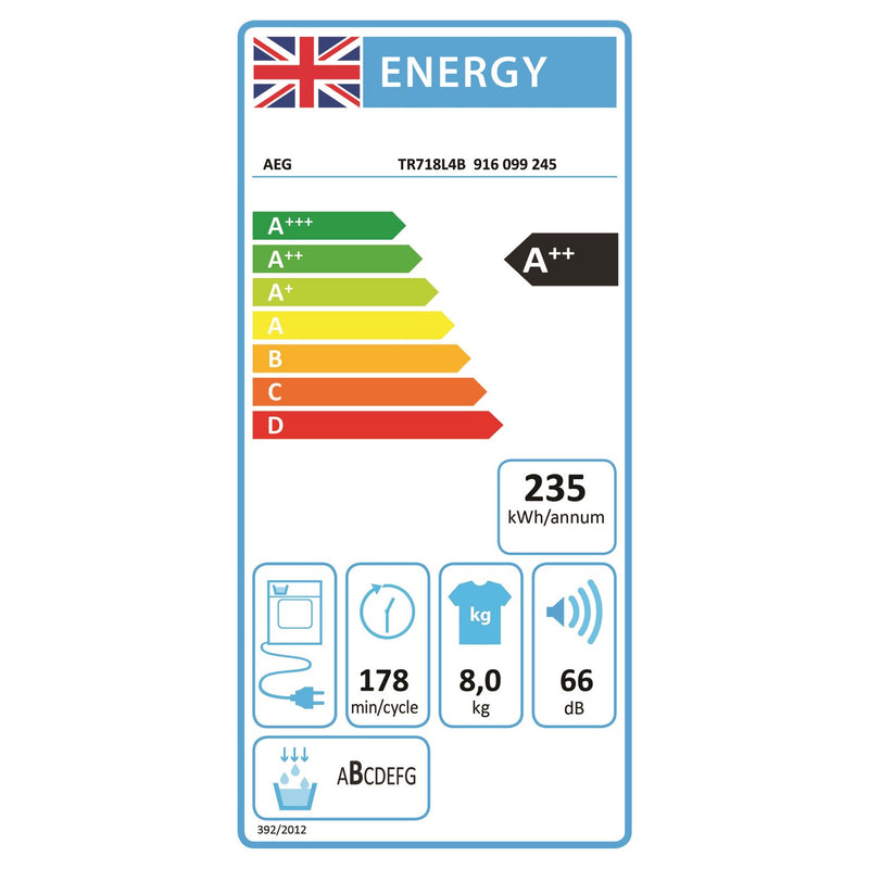 Grade A AEG 7000 Series TR718L4B Freestanding Heat Pump 8KG Tumble Dryer White