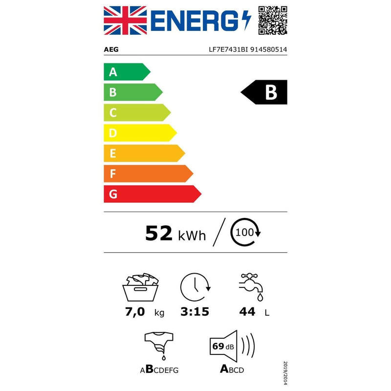 Grade B AEG 7000 Series ProSteam LF7E7431BI Integrated 7KG 1400 Spin Washing Machine White