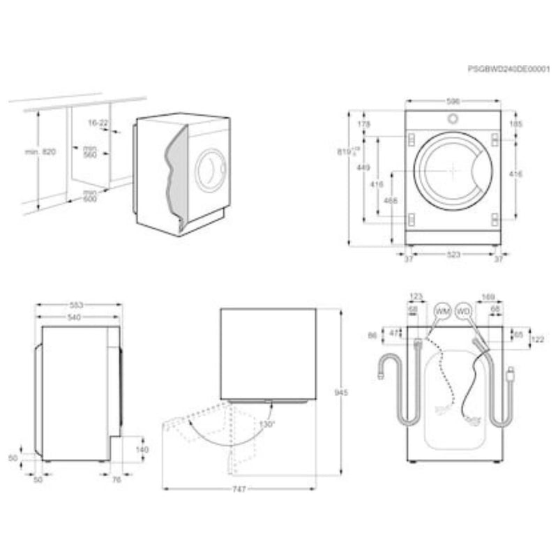 Grade A AEG 6000 Series AutoSense LX6WG84634BI Integrated 8/4KG 1600 Spin Washer Dryer White