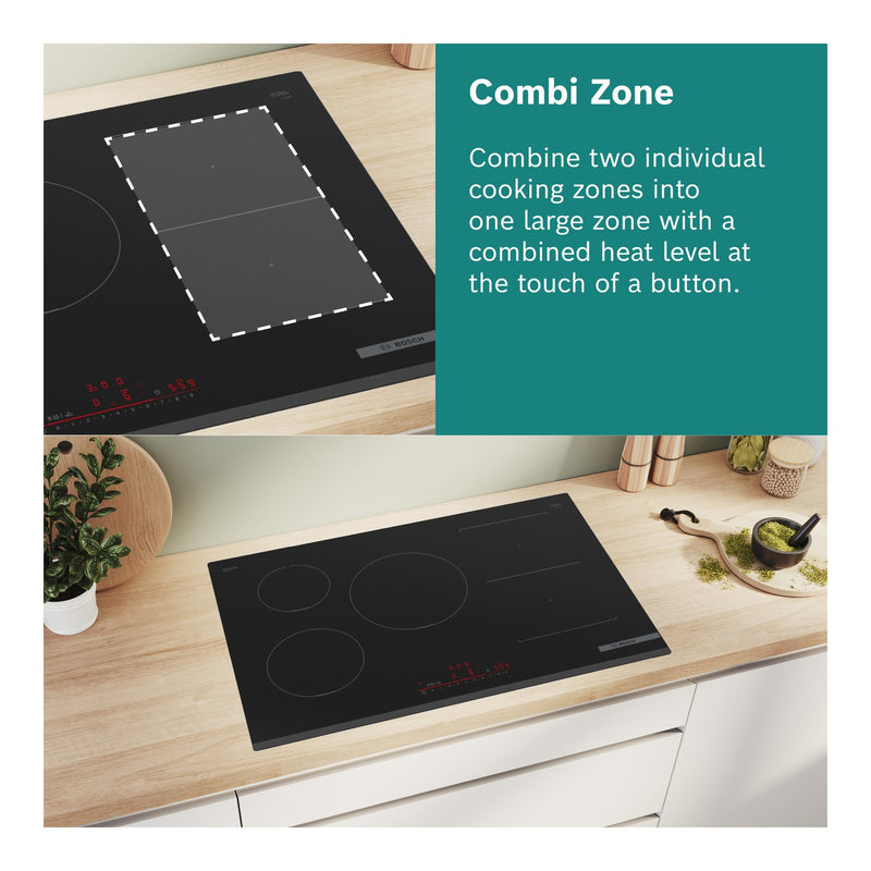 Grade A Bosch Series 4 PVS811B16E 80cm 4 Zone Venting Induction Hob with Combi Zone Black