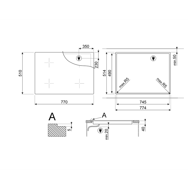 Grade B Smeg SE484EMTD 77cm 4 Zone Ceramic Hob