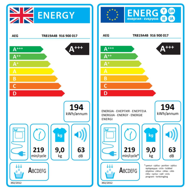 Grade B AEG 8000 Series AbsoluteCare TR819A4B Freestanding Heat Pump 9KG Tumble Dryer White