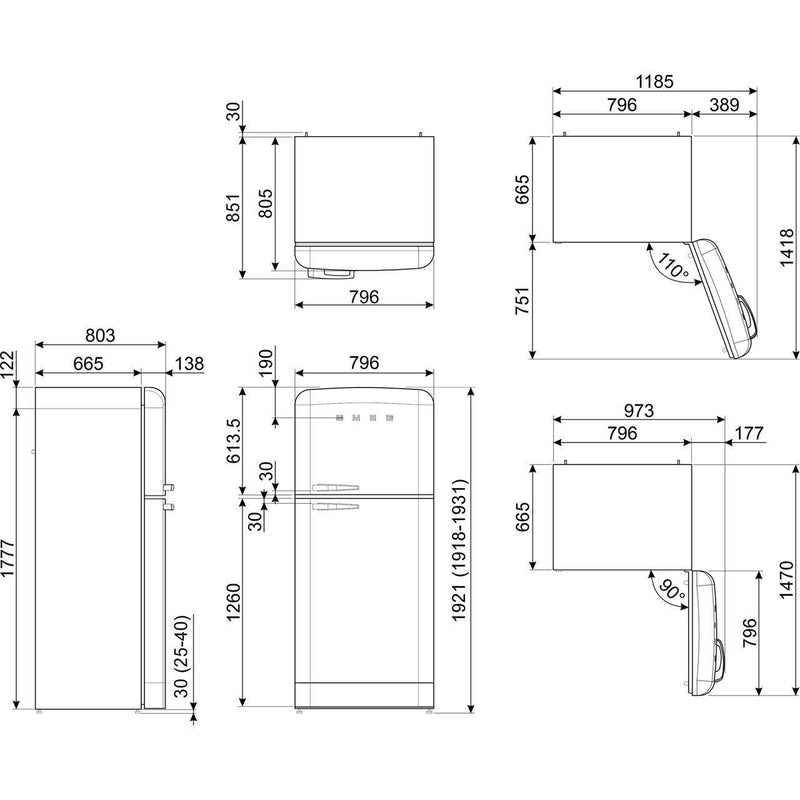 Smeg Fridge Freezer 192x80cm FAB50RCR5 - Ideali