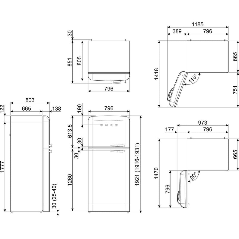 Smeg Fridge Freezer 192x80cm FAB50LCR5 - Ideali