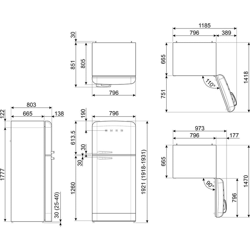 Smeg Fridge Freezer 192x80cm FAB50RPG5 - Ideali