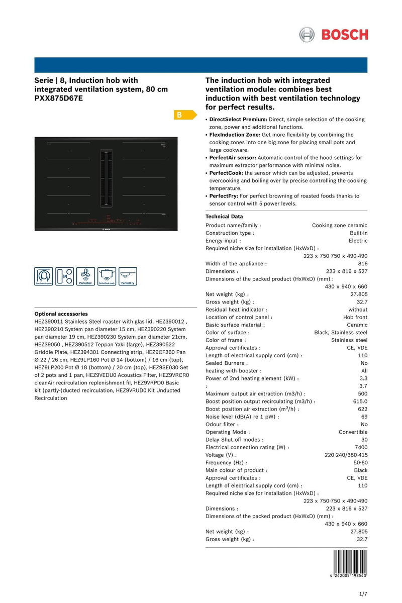 Bosch Serie 8 Induction Hob with Downdraft 80cm PXX875D67E - Ideali